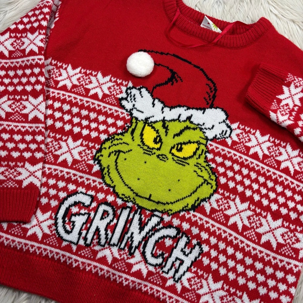 Primark Women's M Red Fair Isle The Grinch Christmas Sweater Pom Pom Novelty - Picture 2 of 6